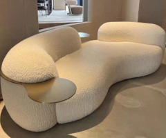 Designer Creamy Curved Lamb Wool Three-Seater Sofa
