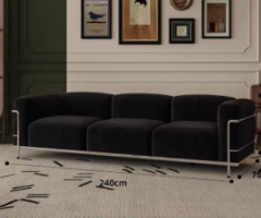 Vintage Black Frosted Velvet Fabric Four-Seater Sofa