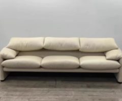 Modern Cream Leather Three-Seater Sofa